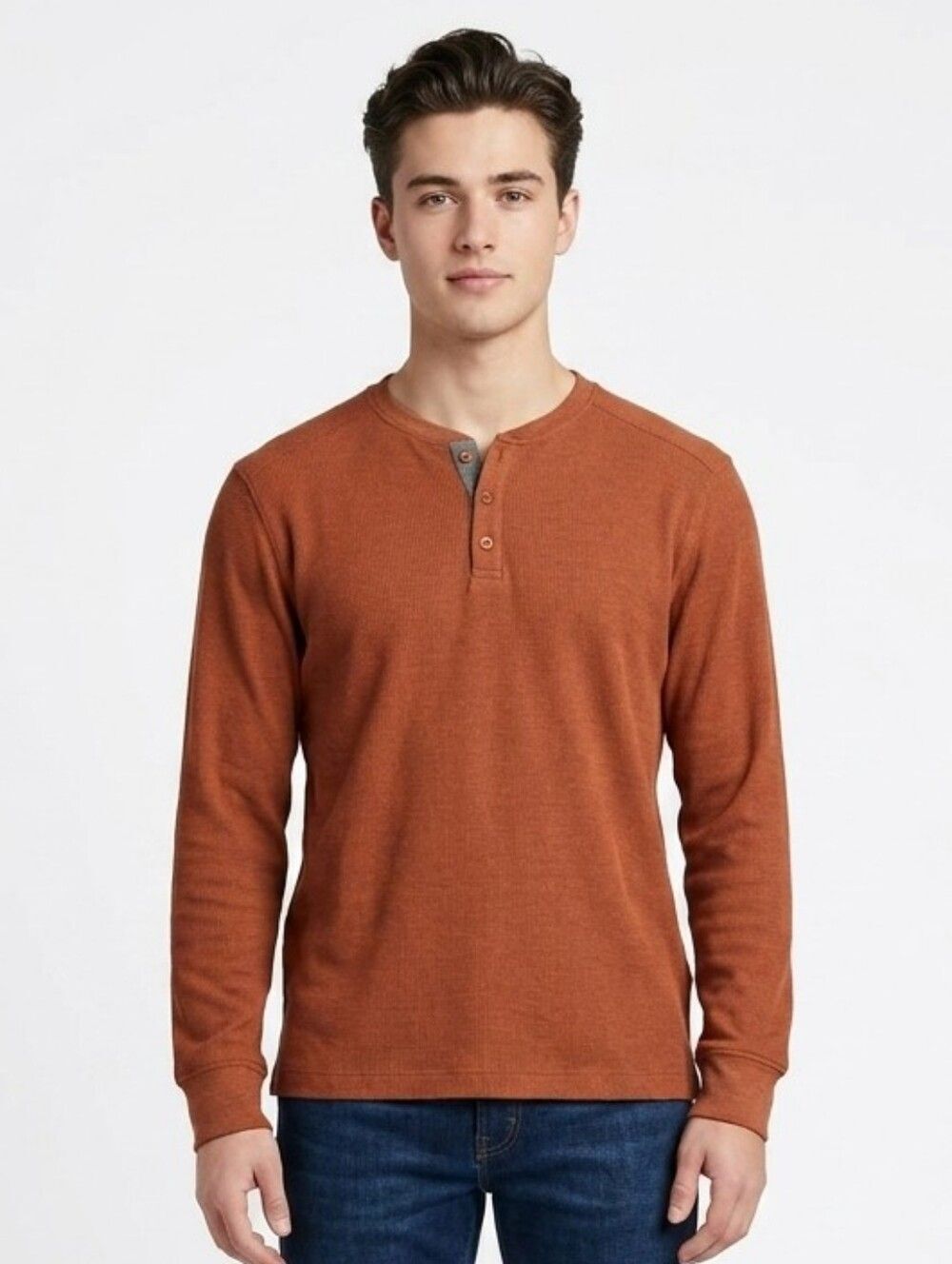 01.ALGO Mens Large Performance Henley Shirt Rust Orange Long Sleeve Waffle Knit